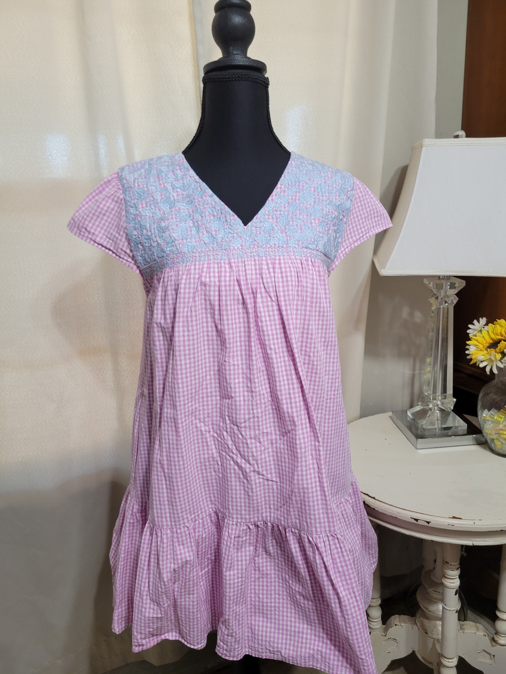 Pink Gingham Casual Dress with Light Blue Embroidered Yoke